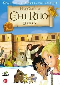 Cartoonafbeelding met personages, tekst 'Chi Rho' en een gebouw. Jezus op een ezel, mensen juichen. Blond meisje vooraan.