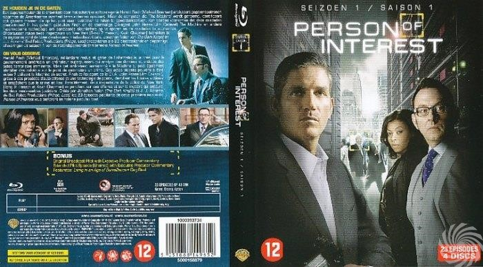 DVD-hoes van Person of Interest seizoen 1. Toont vier personen, waaronder een man in pak. Tekst bevat seizoen- en afleveringsdetails.