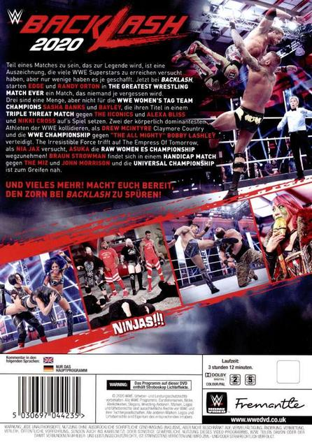 Rückseite einer DVD-Hülle für Backlash 2020, mit Wrestlern und Veranstaltungsdetails. Text in mehreren Sprachen.