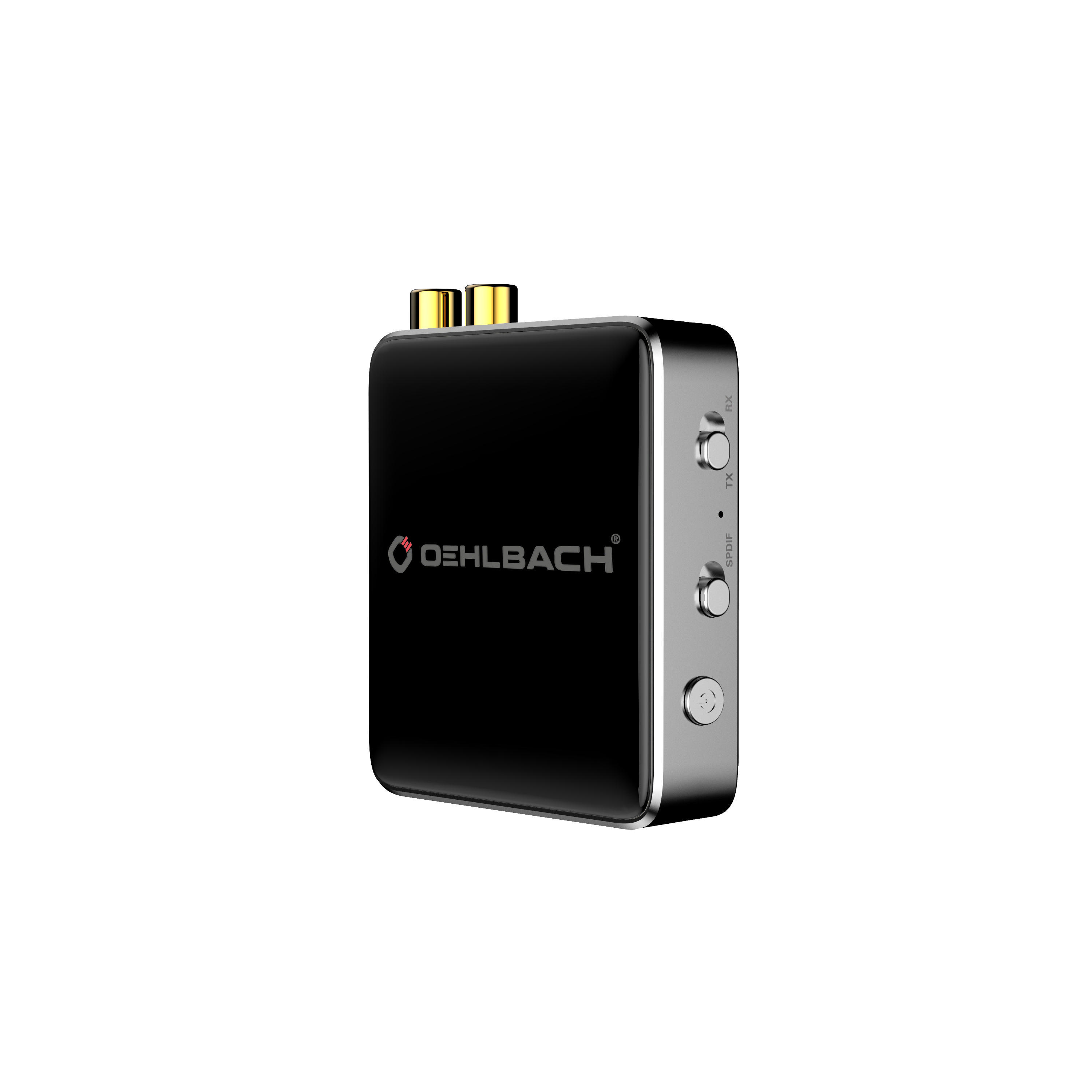 Schwarzer Oehlbach Audioadapter. Er hat goldfarbene Eingänge und mehrere Knöpfe an der Seite.