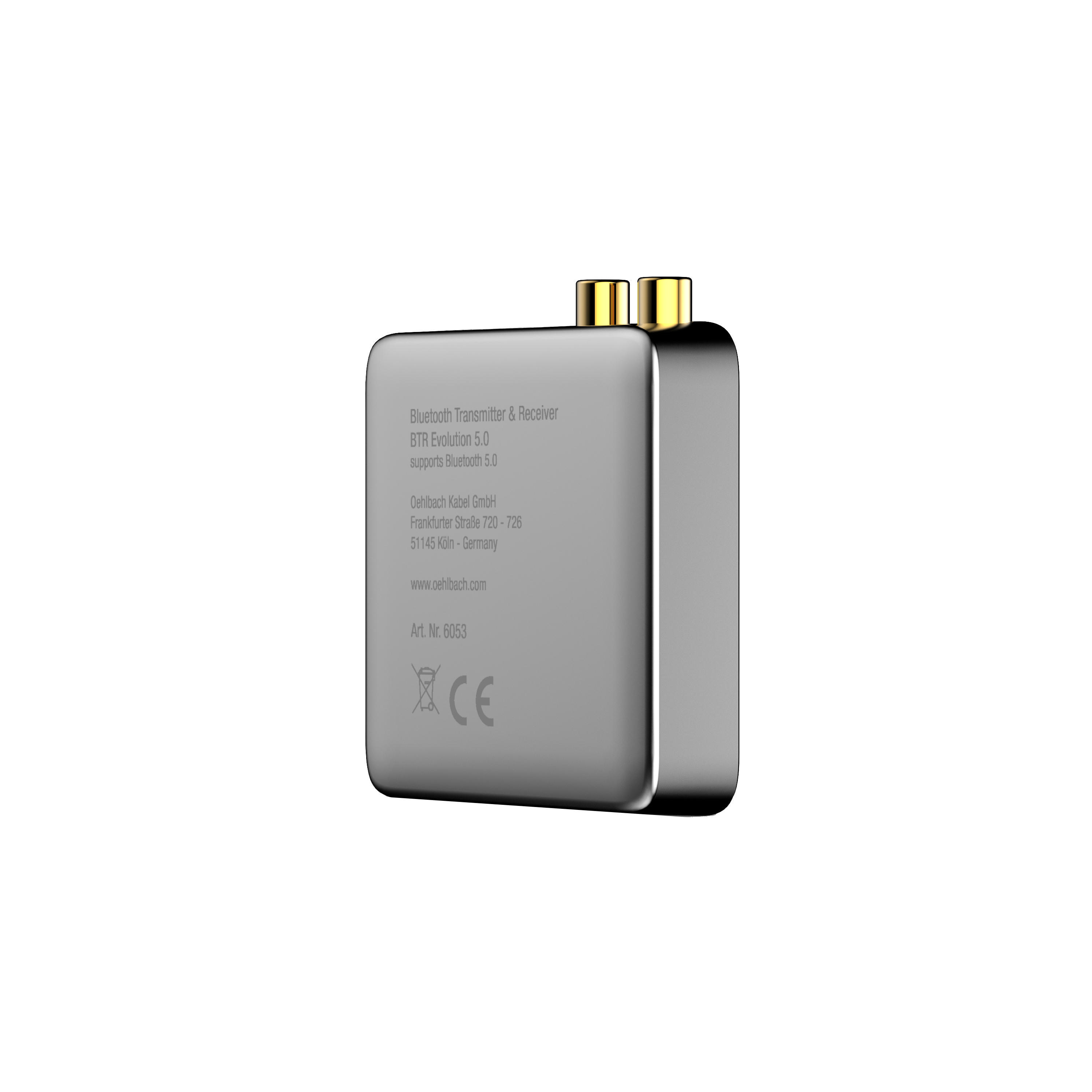 Ein grauer Bluetooth-Sender und -Empfänger. Das Gerät hat Text darauf.