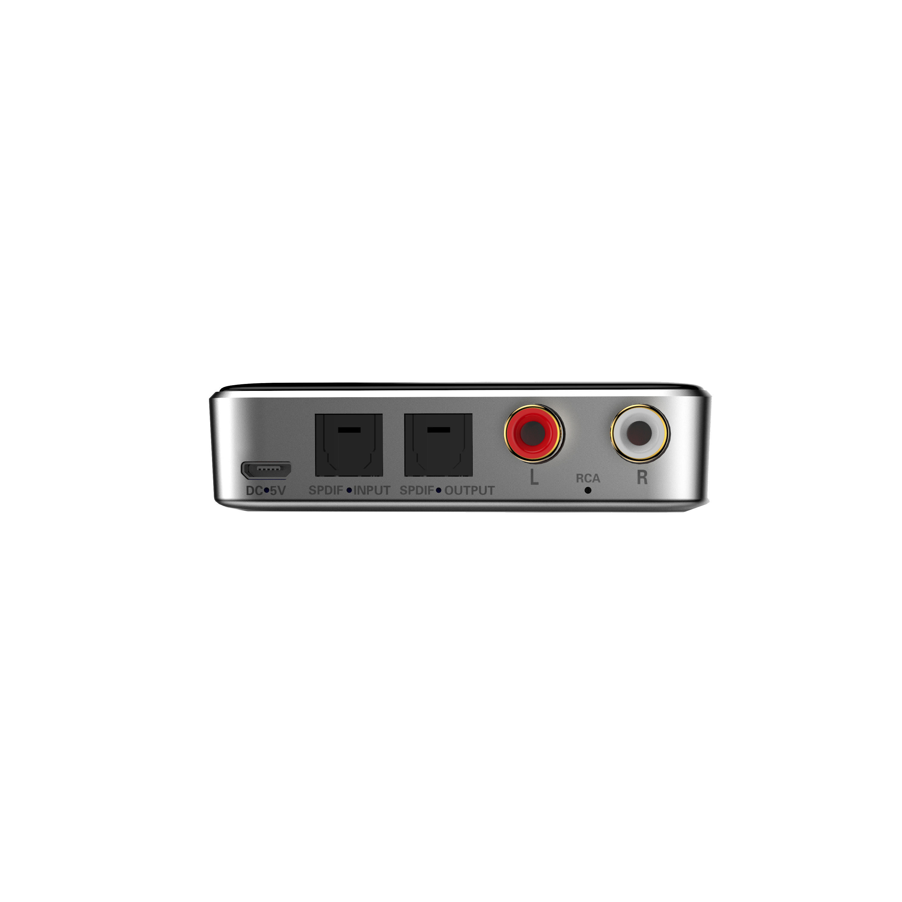 Silbernes Audiogerät mit Anschlüssen mit der Bezeichnung DC-5V, SPDIF INPUT und SPDIF OUTPUT.