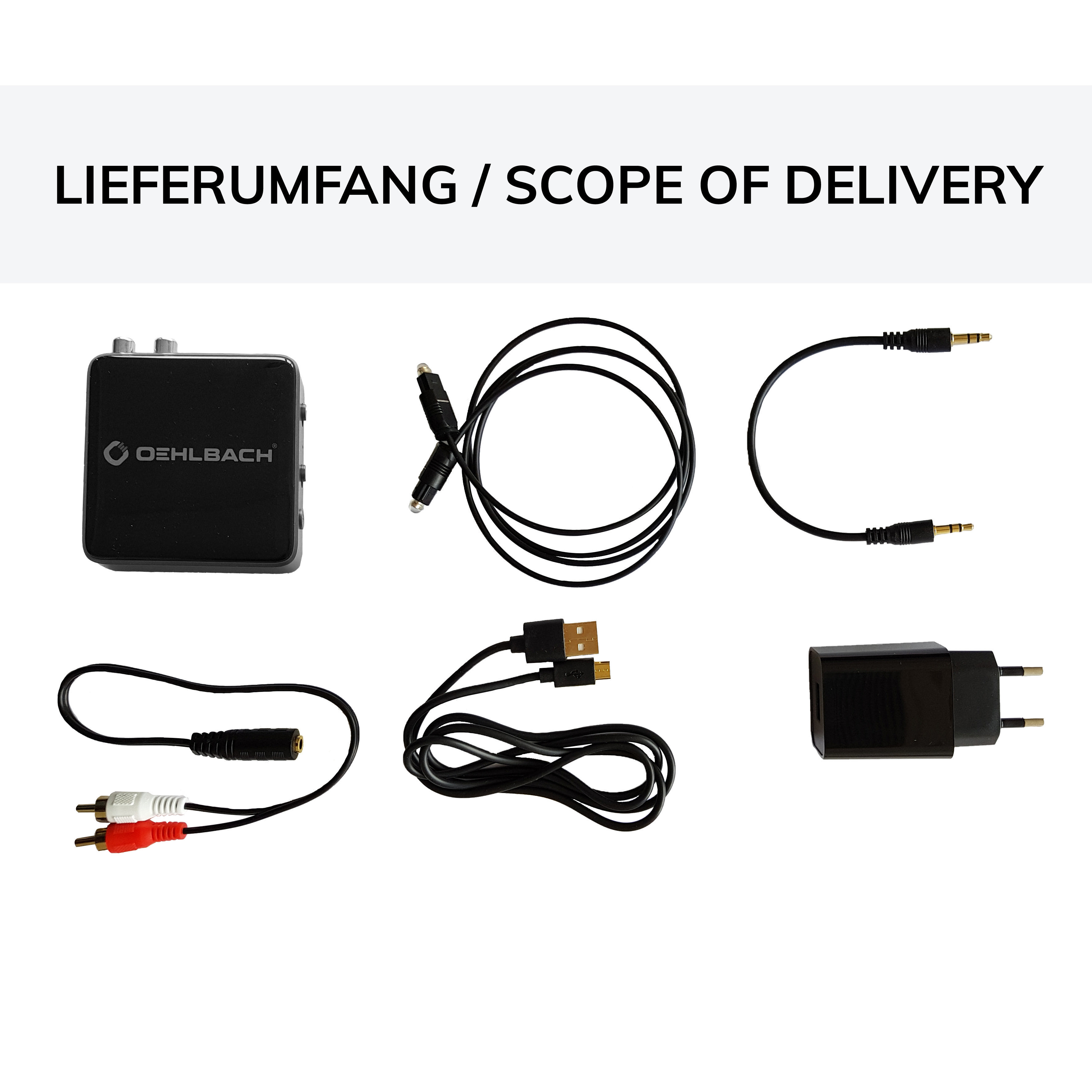 Schwarzer Oehlbach Audio-Adapter und Kabel. Enthält ein Koaxialkabel, ein 3,5-mm-Kabel und ein Netzteil.