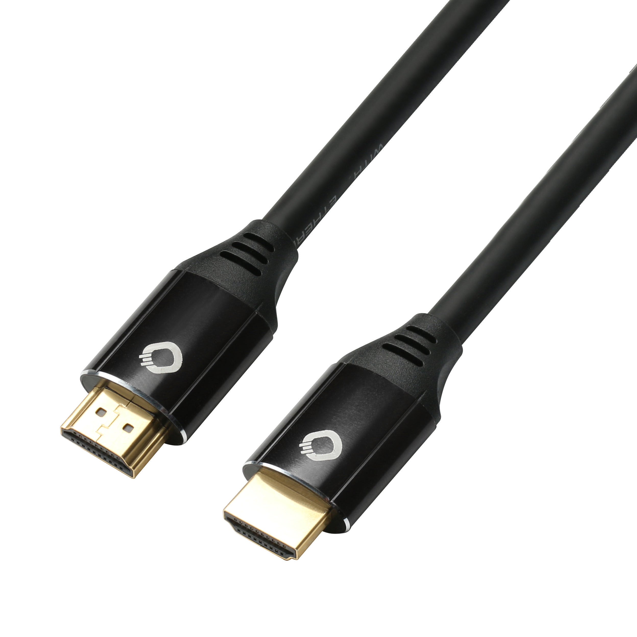 Zwei schwarze HDMI-Kabel mit goldfarbenen Steckern vor weißem Hintergrund. Die Kabel liegen nebeneinander.