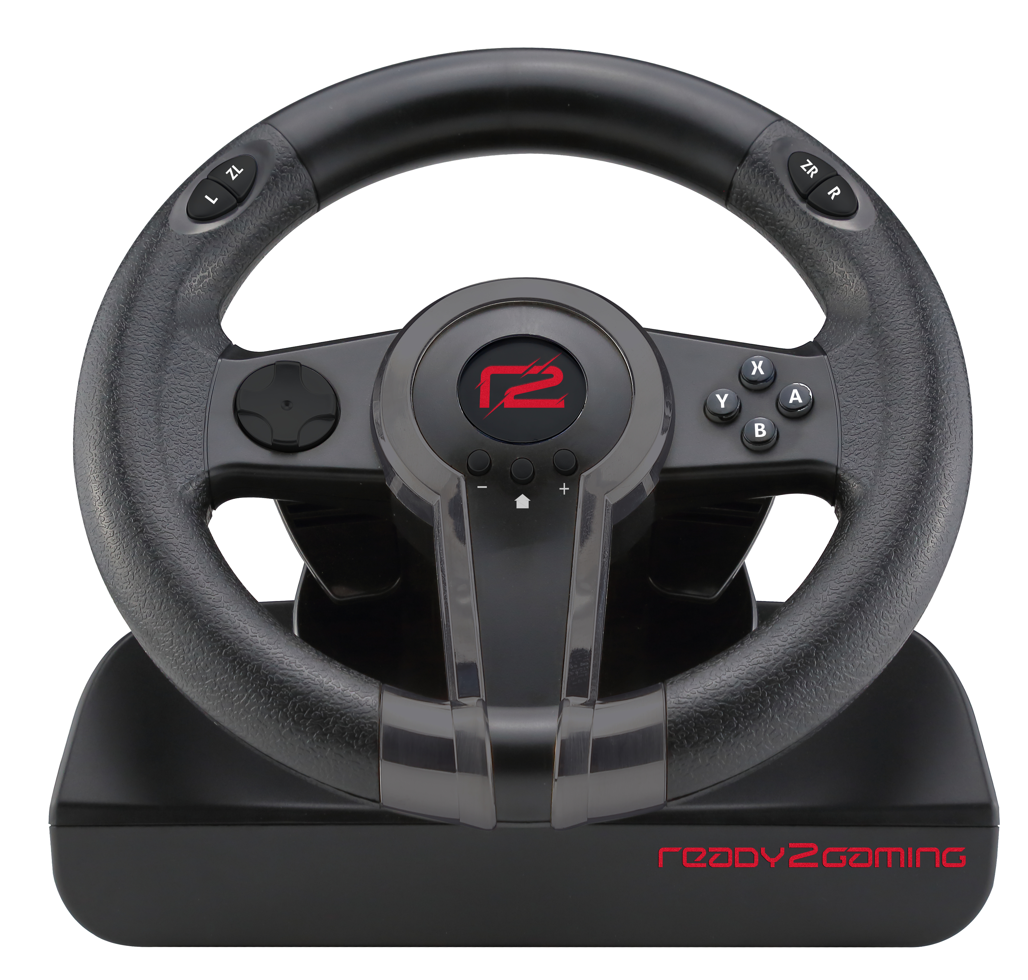 Ein schwarzes Ready2Gaming-Lenkrad für eine Spielekonsole. Es hat Steuertasten und Text darauf.