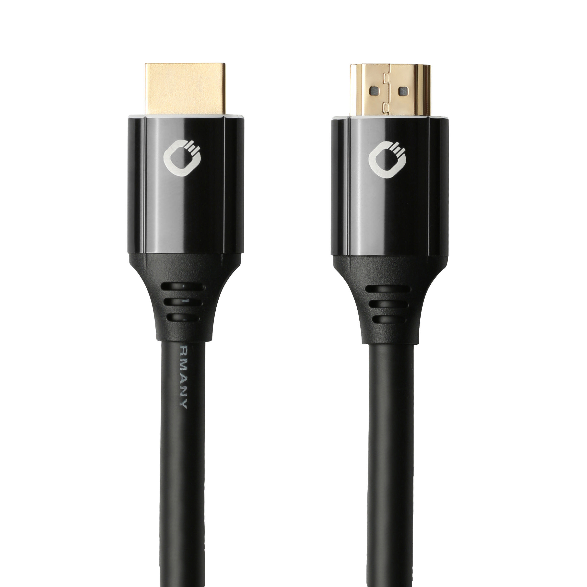 Zwei schwarze HDMI-Kabel mit Goldsteckern. Die Kabel sind vor weißem Hintergrund.