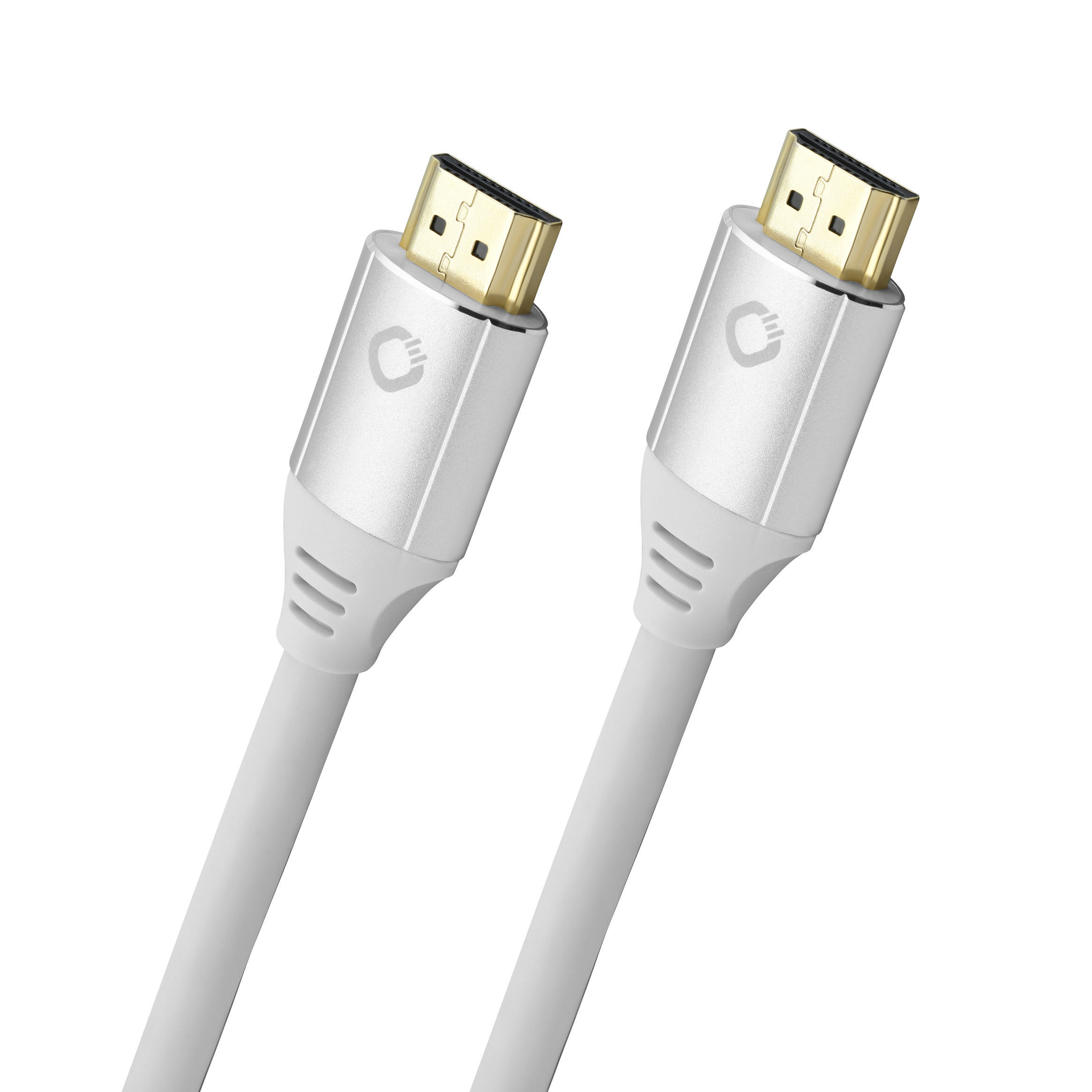 Zwei weiße und silberne HDMI-Kabel mit goldfarbenen Steckern.