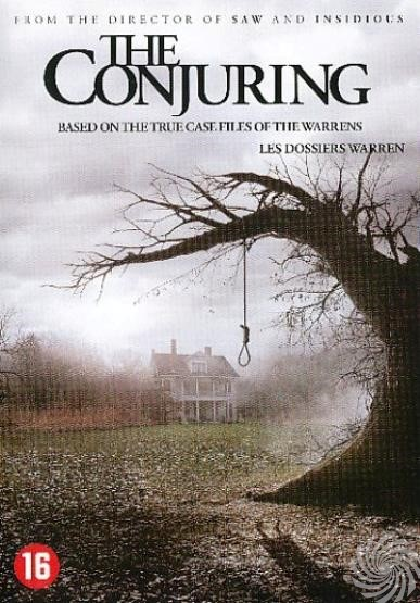 Filmposter voor 'The Conjuring', met een huis, een strop en een donkere lucht.