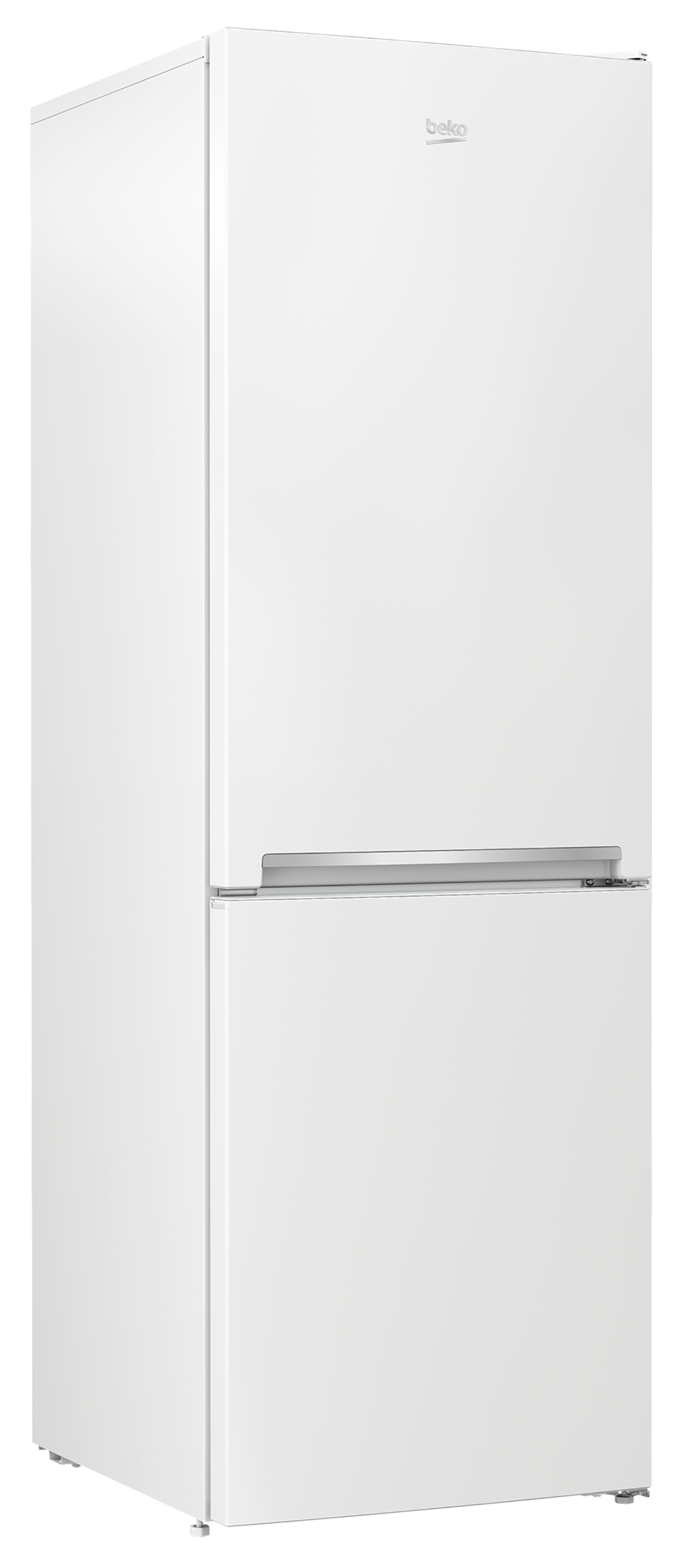 A white refrigerator with two doors and a silver handle. Black background.