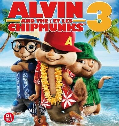 Alvin en de Chipmunks-personages in een tropische omgeving. Ze dragen hoeden, zonnebrillen en Hawaiiaanse shirts. Palmbomen en oceaan op de achtergrond.