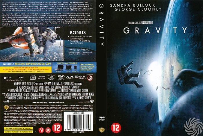 DVD-hoes met de film Gravity. De DVD-hoes toont een persoon in de ruimte.