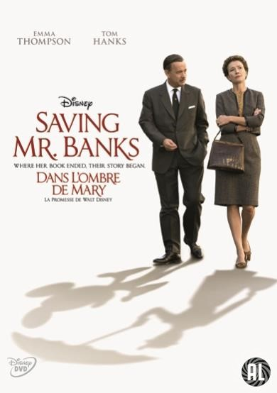 Filmposter voor 'Saving Mr. Banks' met Emma Thompson en Tom Hanks. Een schaduw van Mickey Mouse.