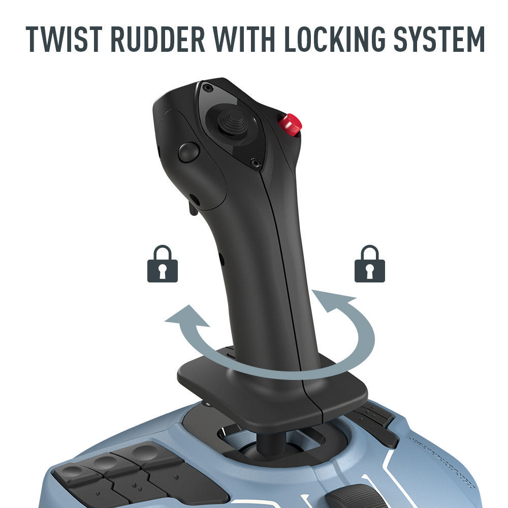Ein schwarzer Joystick mit roter Taste und Pfeilen, die auf die Schlösser auf einer blauen Basis zeigen.