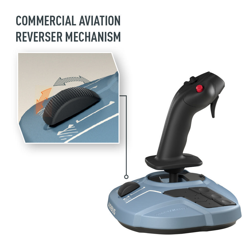 Joystick mit Basis und Griff. Die Basis ist blau und hat Airbus- und Thrustmaster-Logos.
