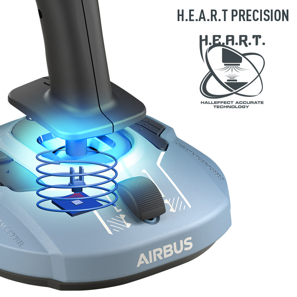 Ein hellblaues Airbus-Joystick-Steuerung. Mit H.E.A.R.T.-Präzisionstechnologie und Logo.