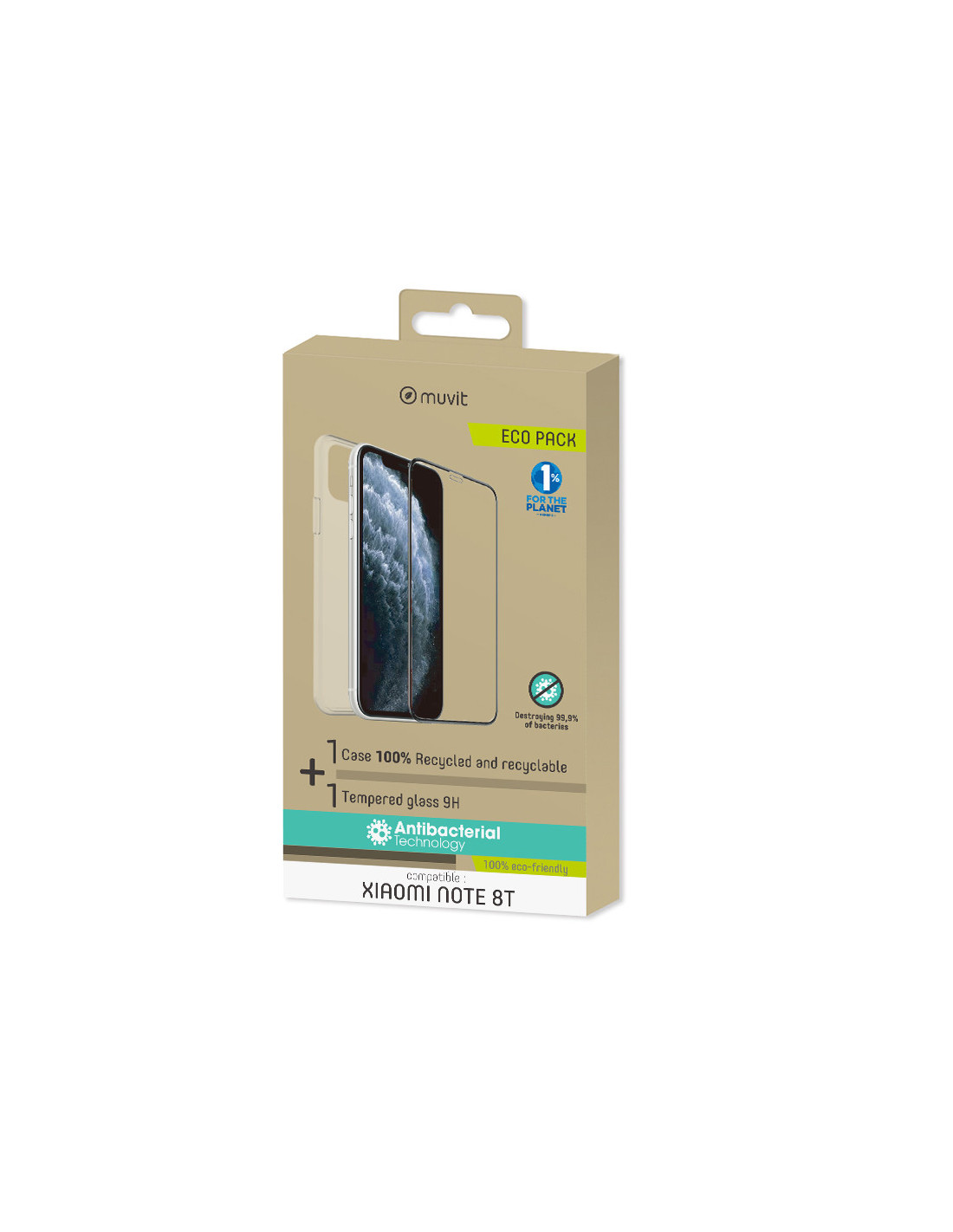Funda + protector pantalla - Muvit MCPAK0032 Para Xiaomi Note 8T, Vidrio templado 9H, Antibacterial, Reciclado