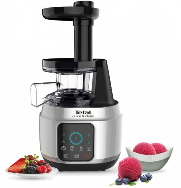Tefal Juice & Clean gyümölcscentrifuga bogyókkal, eperrel és sorbettel. Ezüst és fekete.