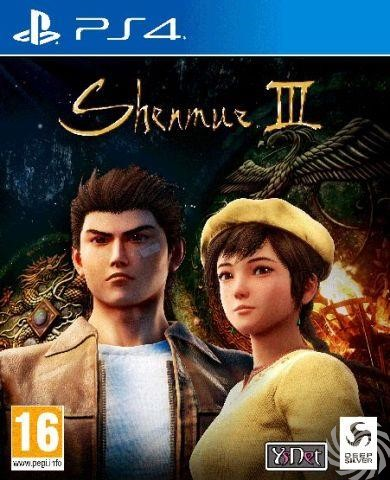Shenmue III game cover. Bevat twee personages. Tekst bevat 'PS4' en de titel.