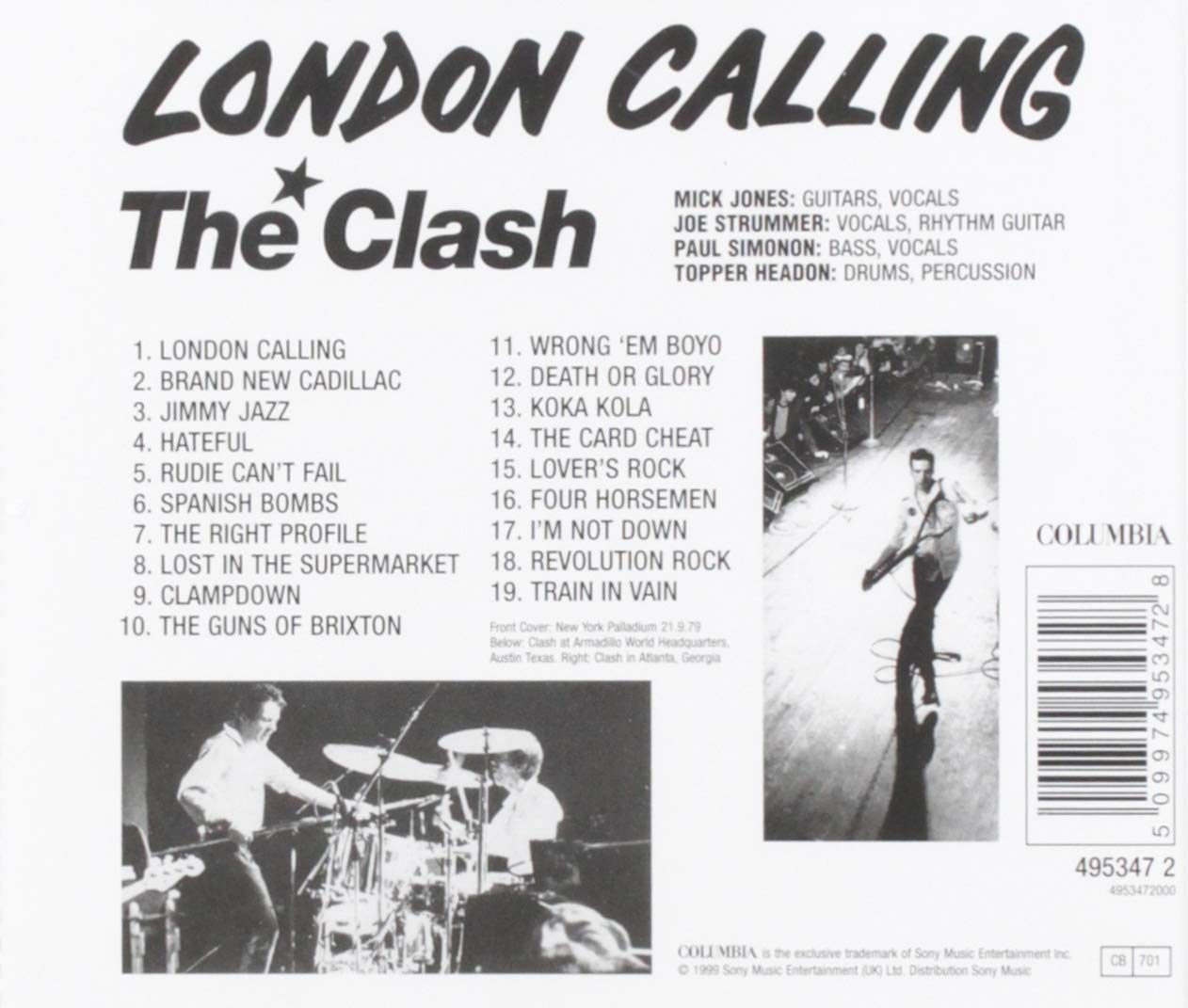 Albumcover von The Clash's 'London Calling' mit Titelliste und Konzertfotos.