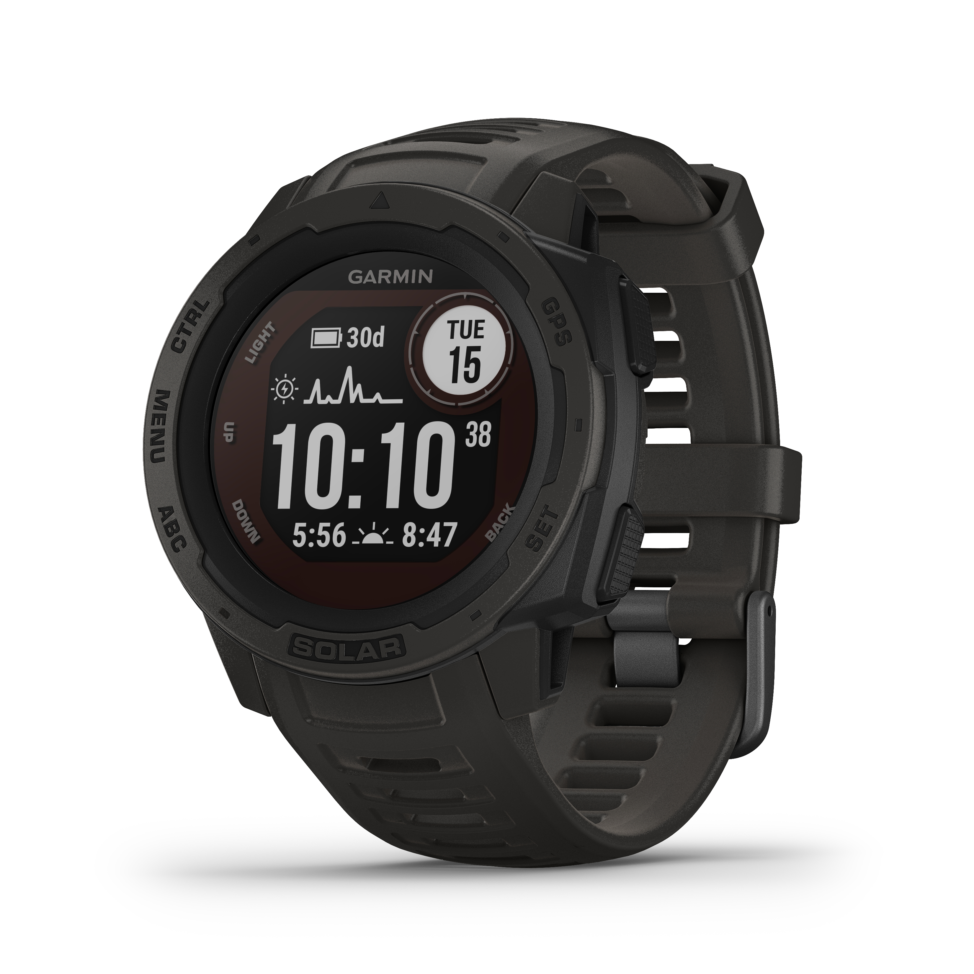 Schwarze Garmin Instinct Solar Uhr. Zeigt Uhrzeit, Datum und Gesundheitsdaten. Weißer Hintergrund.