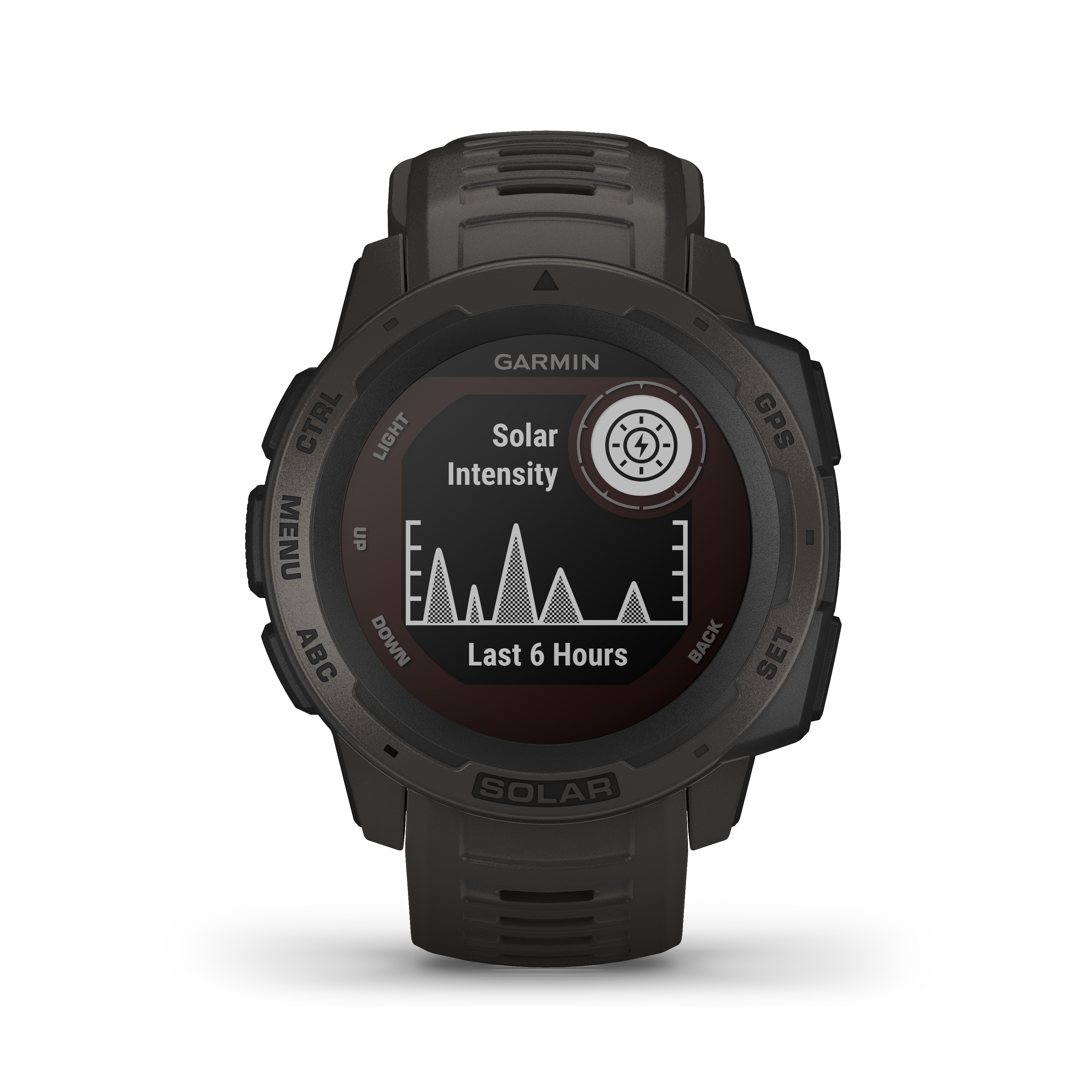 Schwarze Garmin-Uhr, die Solarintensitätsdaten anzeigt.