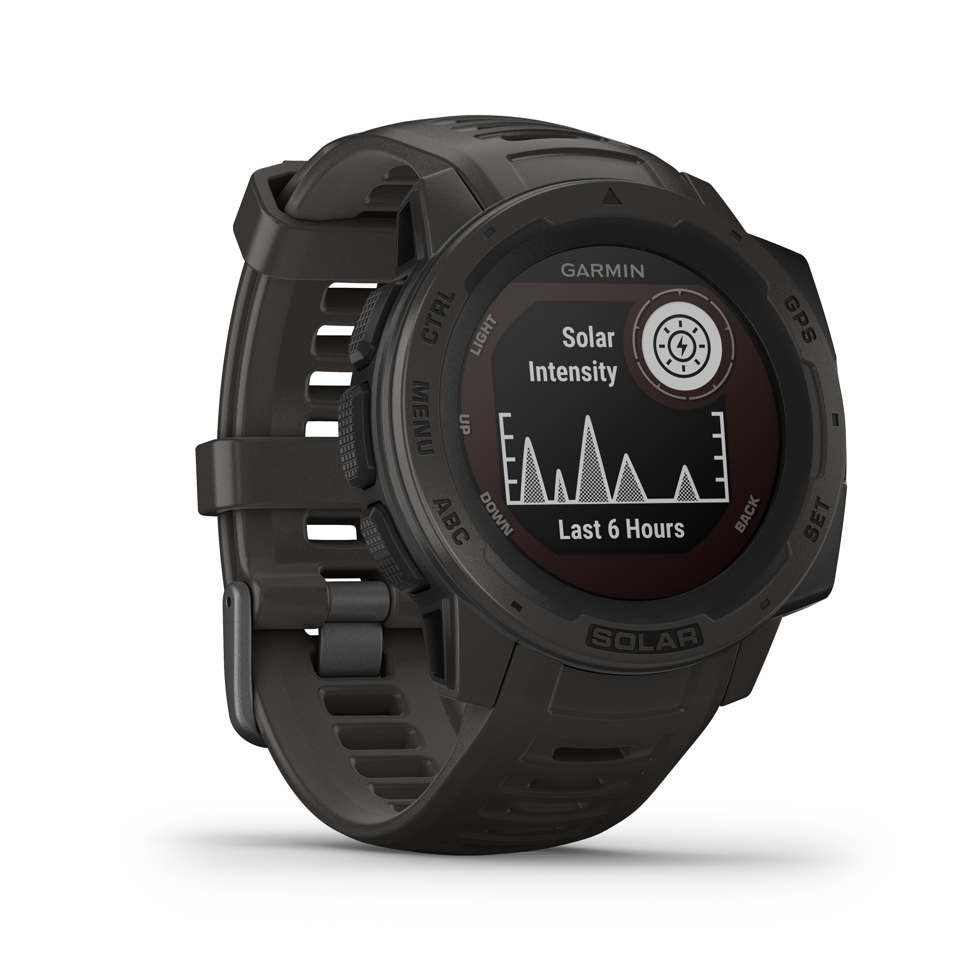 Garmin Instinct Solar Uhr, dunkelgrau, zeigt Solarintensität und Aktivitätsdaten an.