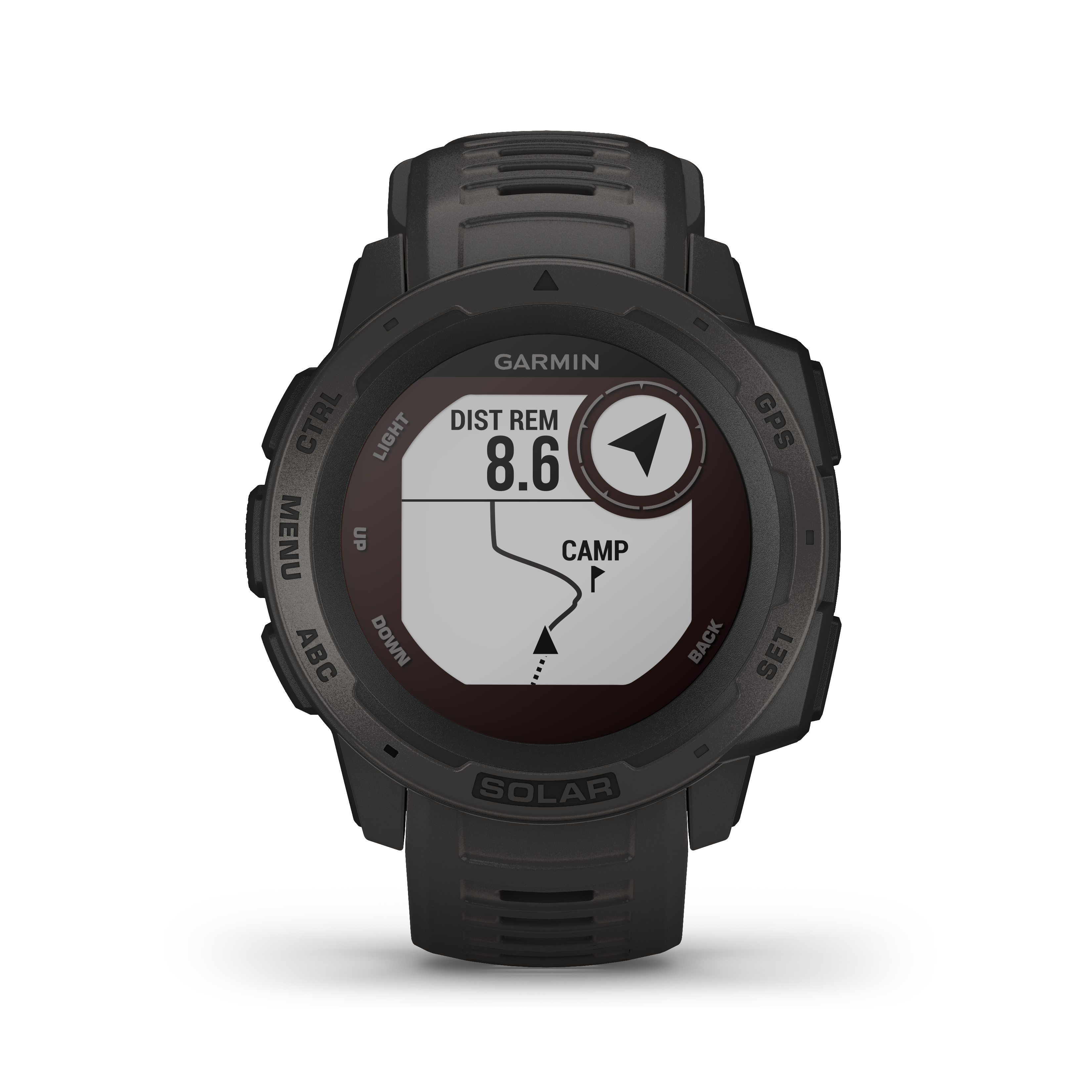Schwarze Garmin-Uhr mit Display, das eine Karte und die Entfernung 8,6 zeigt.