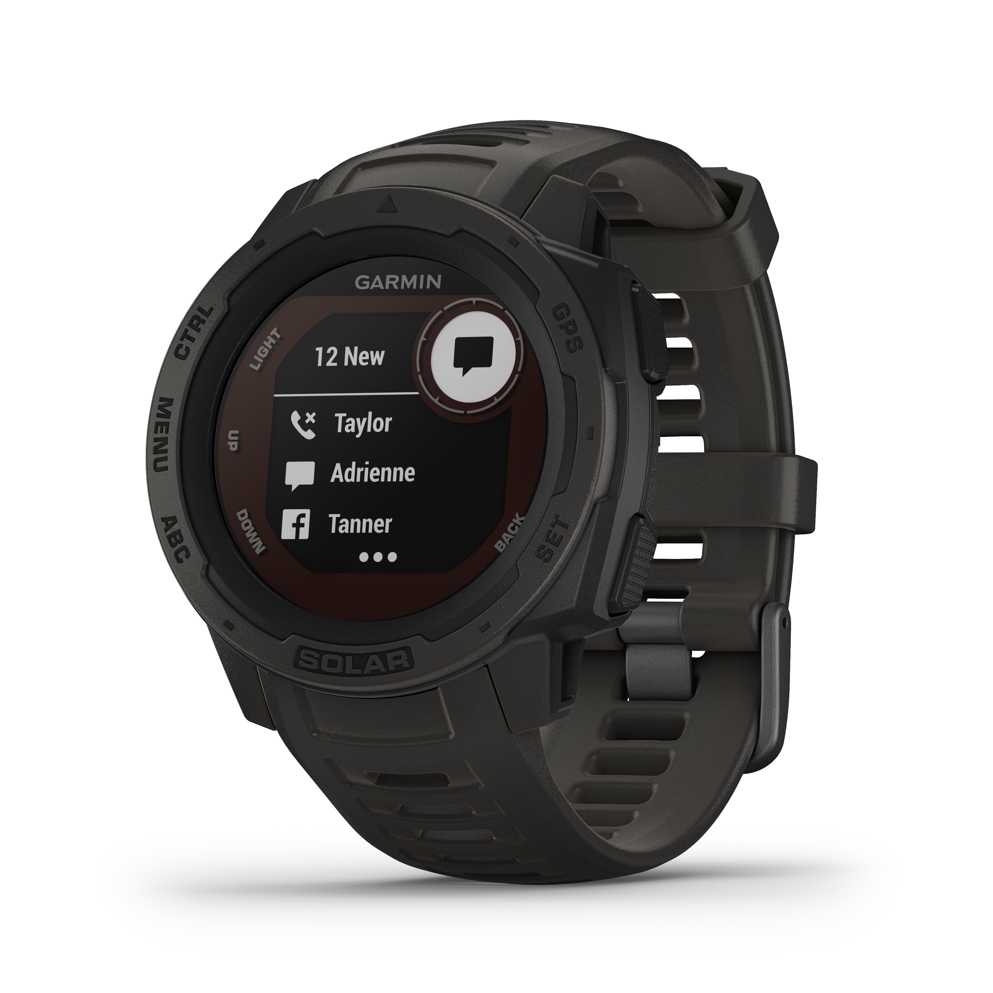 Eine schwarze Garmin-Uhr zeigt eine Benachrichtigung an.