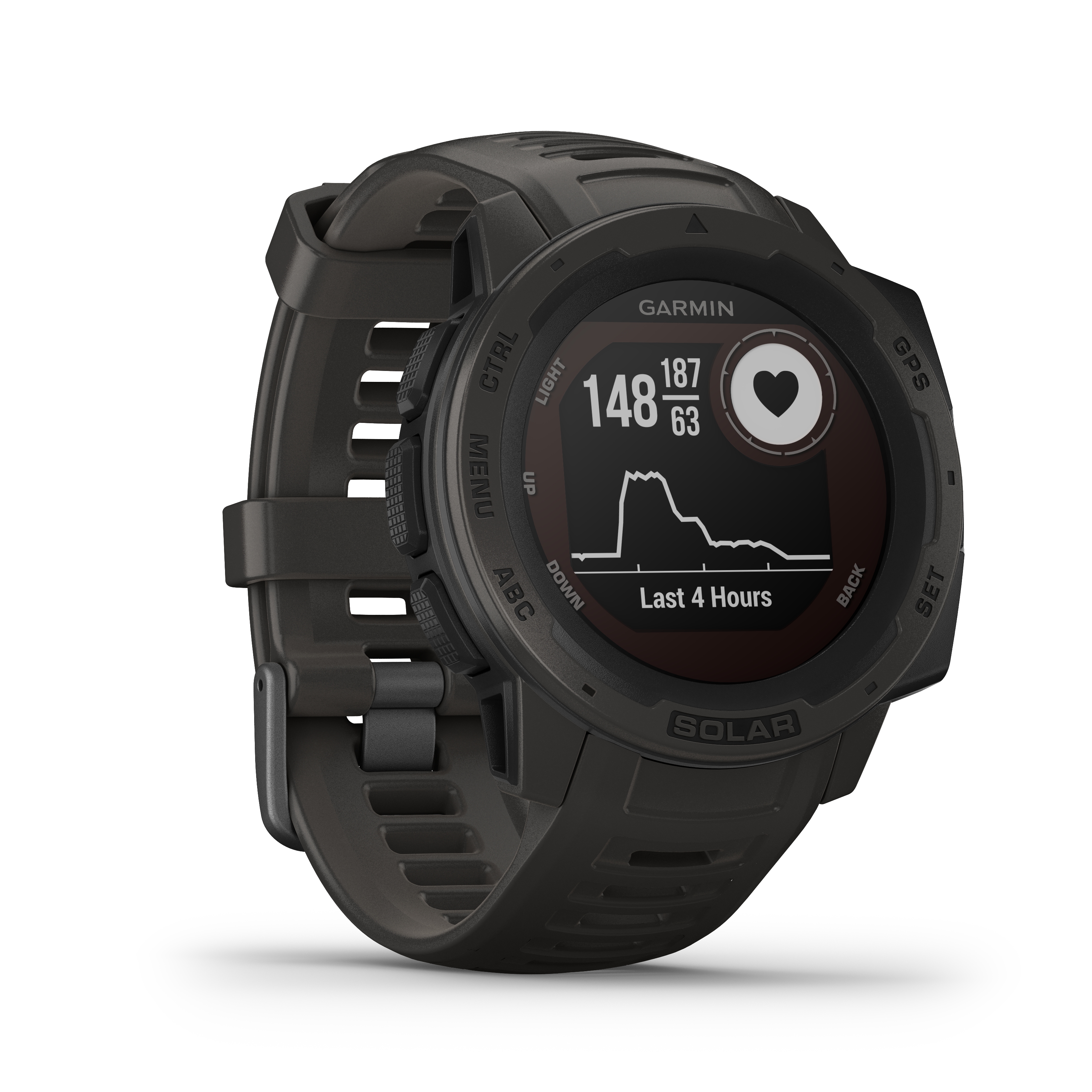 Eine schwarze Garmin Instinct Solar Uhr. Zeigt Herzfrequenz und andere Daten auf einem schwarzen Bildschirm.