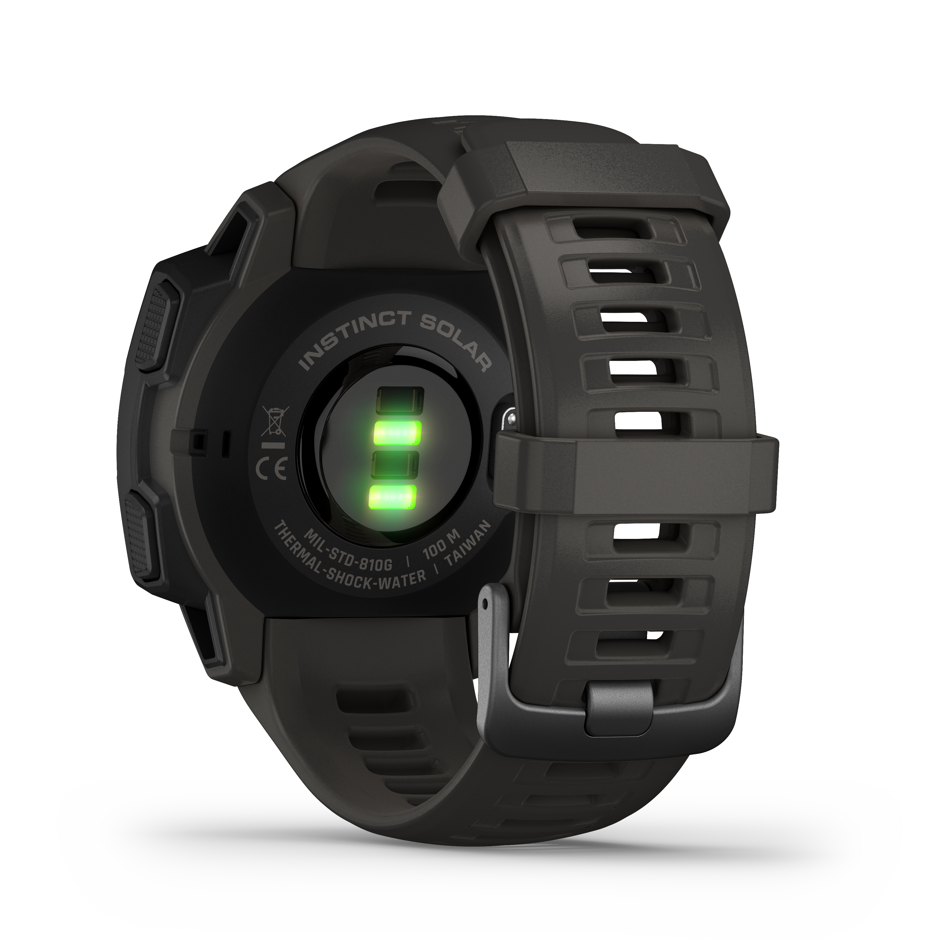 Schwarze Garmin Instinct Solar Uhr mit Sensoren auf der Rückseite.