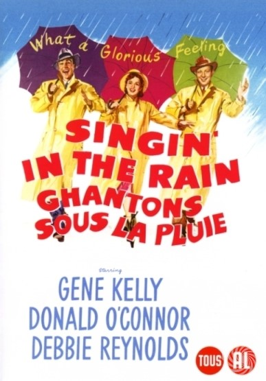 Filmposter voor 'Singin' in the Rain'. Met Gene Kelly, Donald O'Connor en Debbie Reynolds.