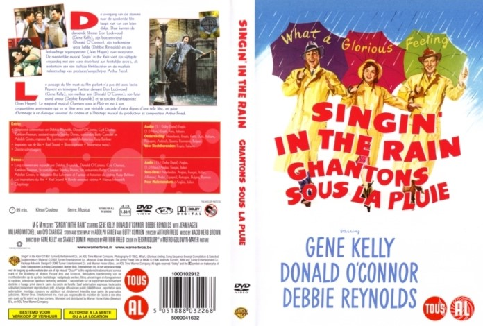Filmposter voor 'Singin' in the Rain' met Gene Kelly, Donald O'Connor en Debbie Reynolds.