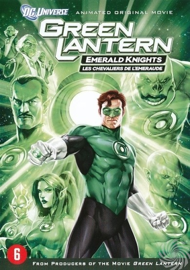 Een Green Lantern-filmcover toont Green Lantern, andere personages en de titel 'Green Lantern: Emerald Knights'.
