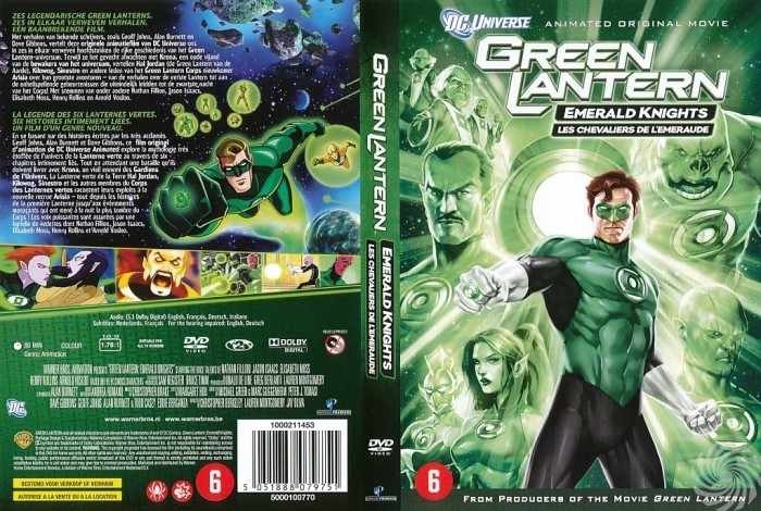 DVD-hoes voor Green Lantern: Emerald Knights. Toont Green Lantern in het midden, omringd door andere personages.