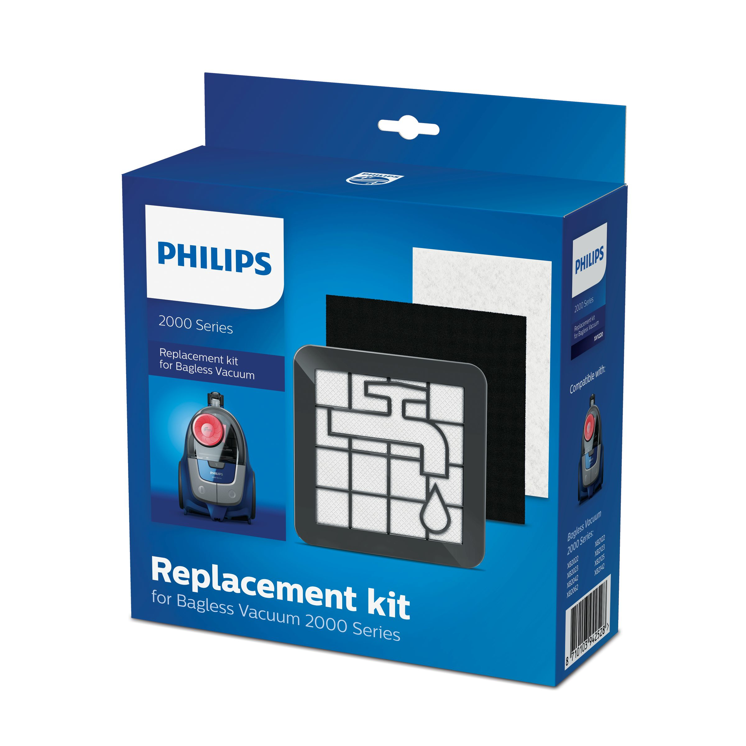 Box für Philips Staubsauger-Ersatzkit. Enthält Filter und Staubsauger-Illustration.