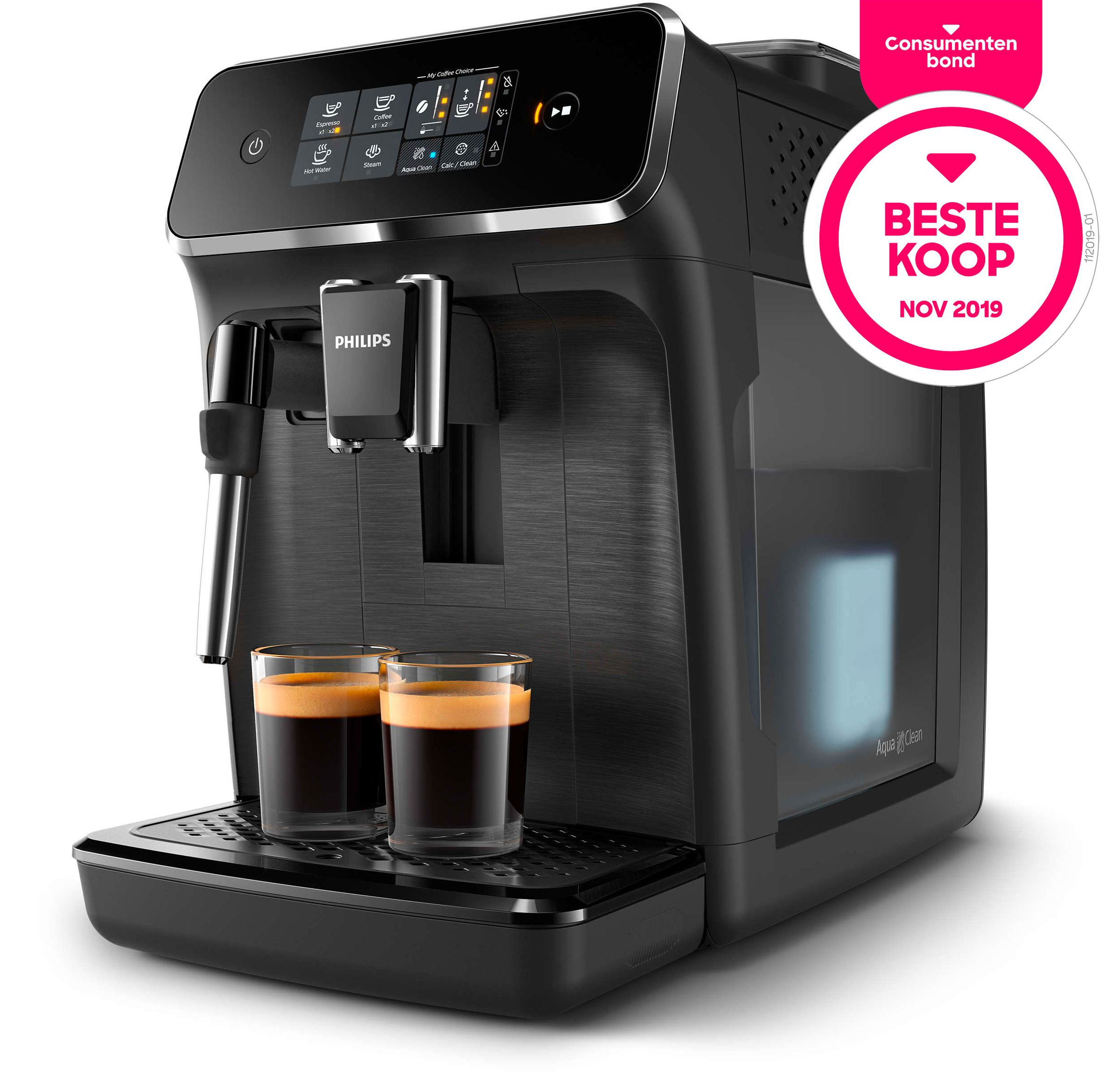 Schwarze Espressomaschine mit zwei Gläsern, einem roten Aufkleber und Text.