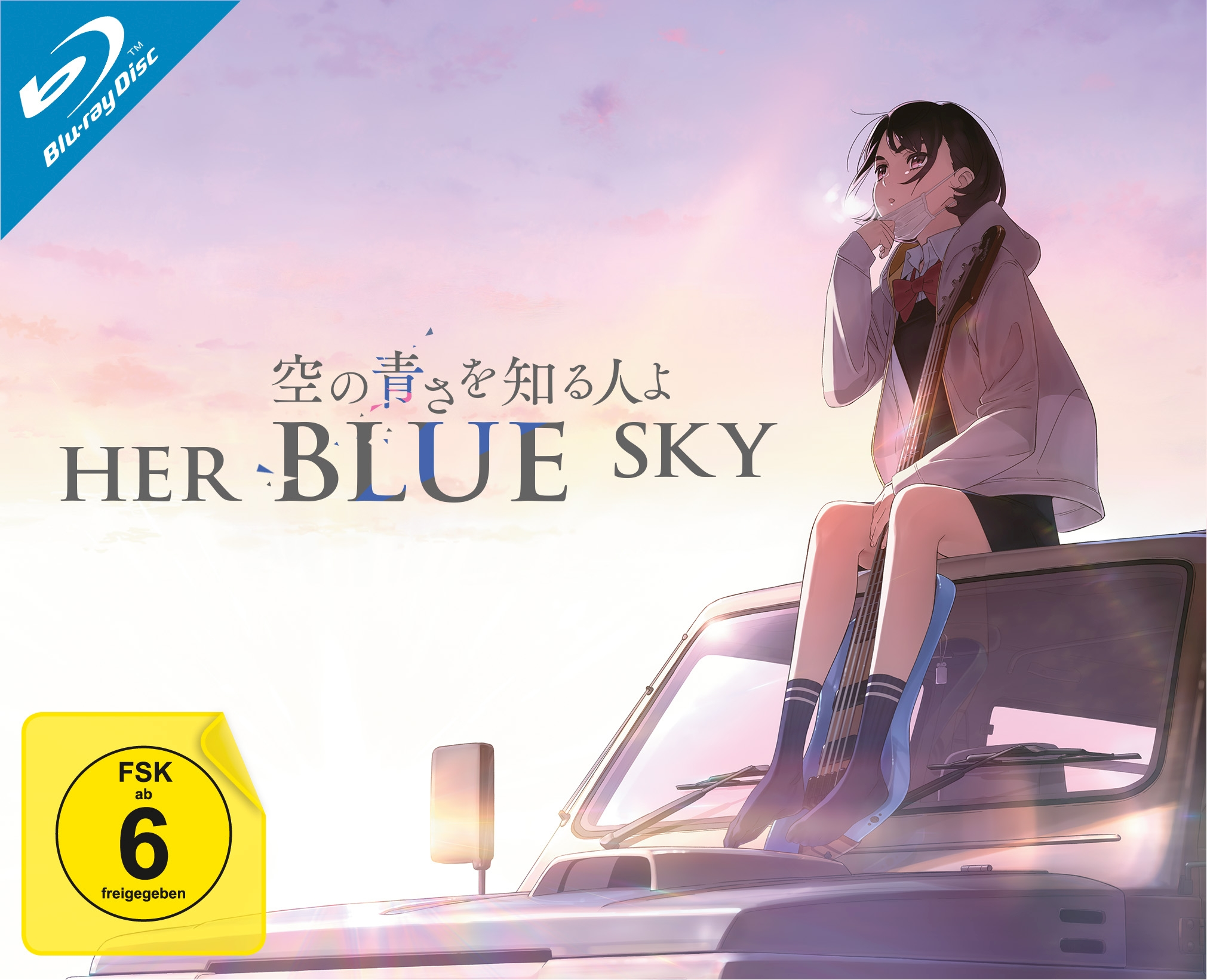 Blu-ray-Cover: Anime-Mädchen sitzt auf einem Auto, blickt in den Himmel, mit dem Titel 'Her Blue Sky'.