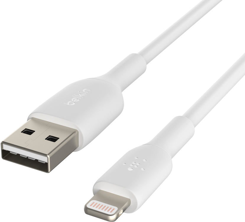 White Belkin USB to Lightning cable, with a USB-A connector and Lightning connector. White background.