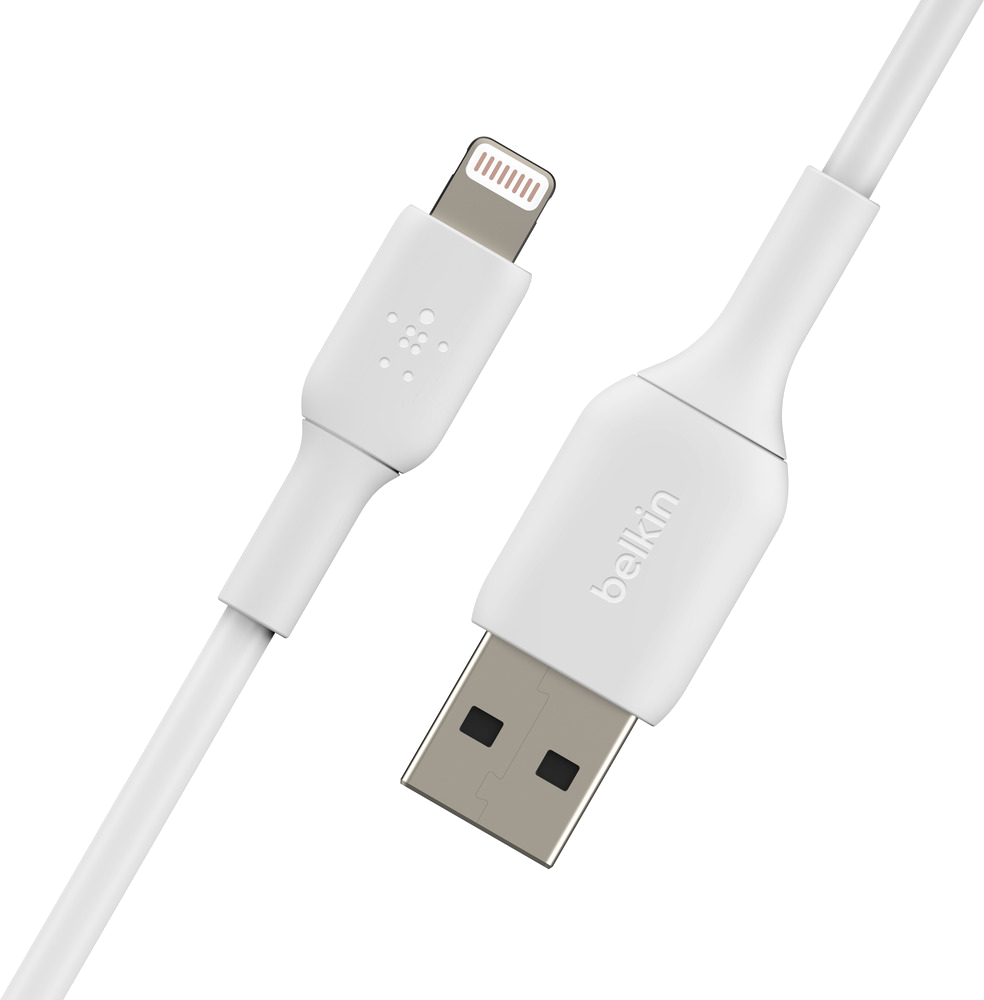 A white USB to lightning cable. The Belkin logo is visible on the cable.