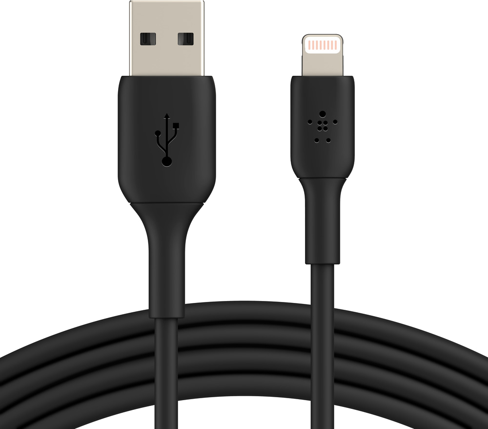 Black USB to lightning cable, isolated on a black background.