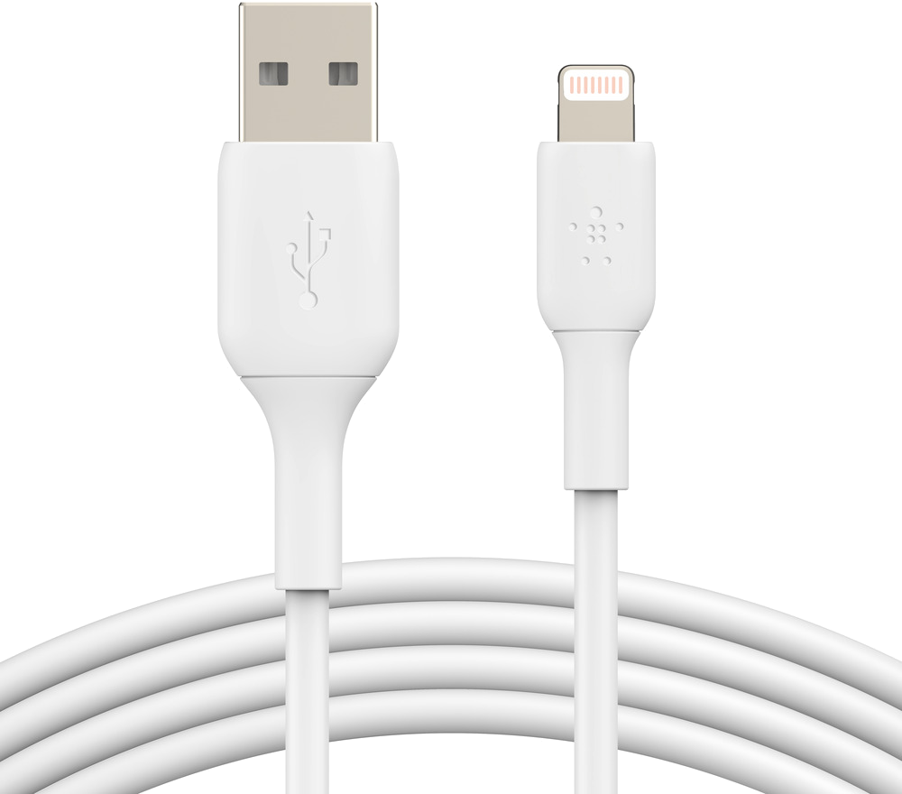 White USB to lightning cable. USB connector on left, lightning on the right.