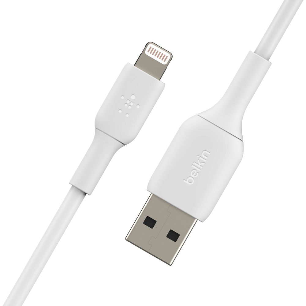 White USB to Lightning cable. Connectors on both ends, white cable. Belkin logo, black background.