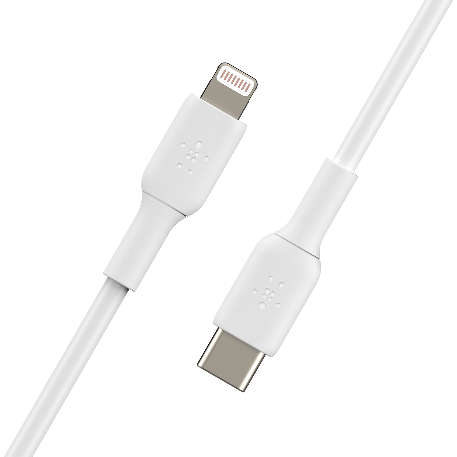 White USB-C to Lightning cable. Connectors on both ends, white cable. Black background.