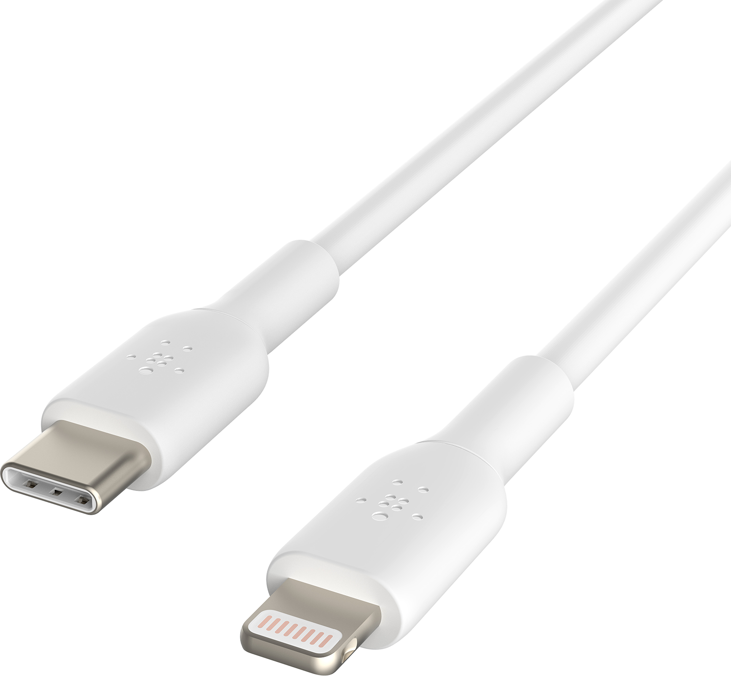 White Belkin cable with USB-C connector and Lightning connector, black background.