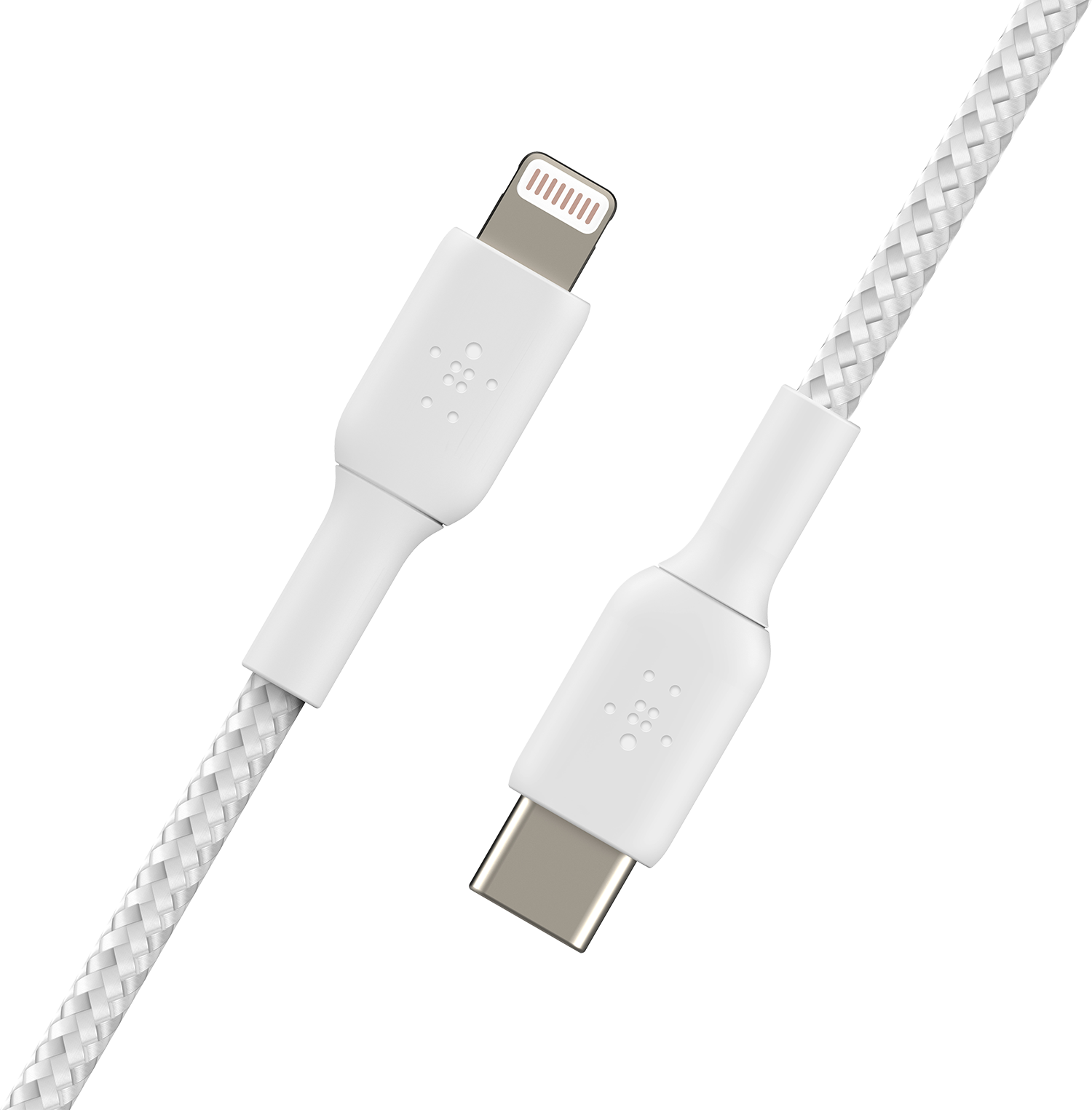 A white charging cable with a lightning connector and a USB-C connector. Black background.