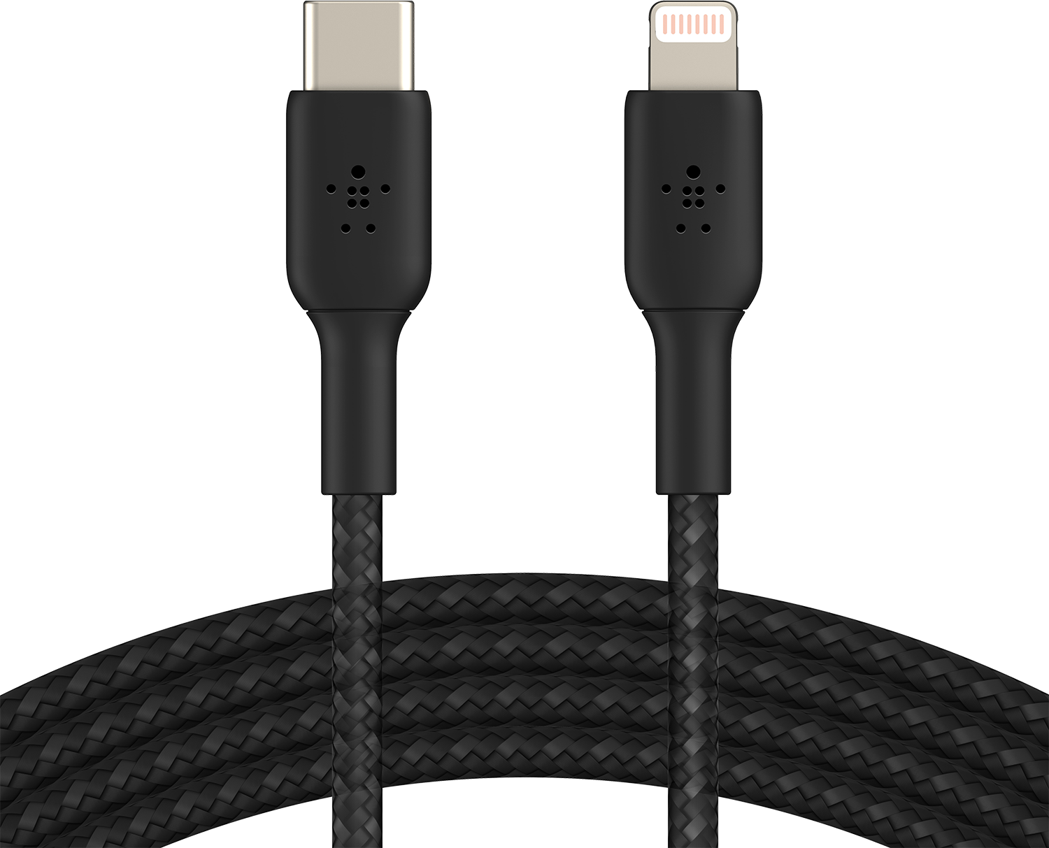 Zwarte USB-C naar Lightning-kabel met een gevlochten ontwerp en zwarte connectoren.