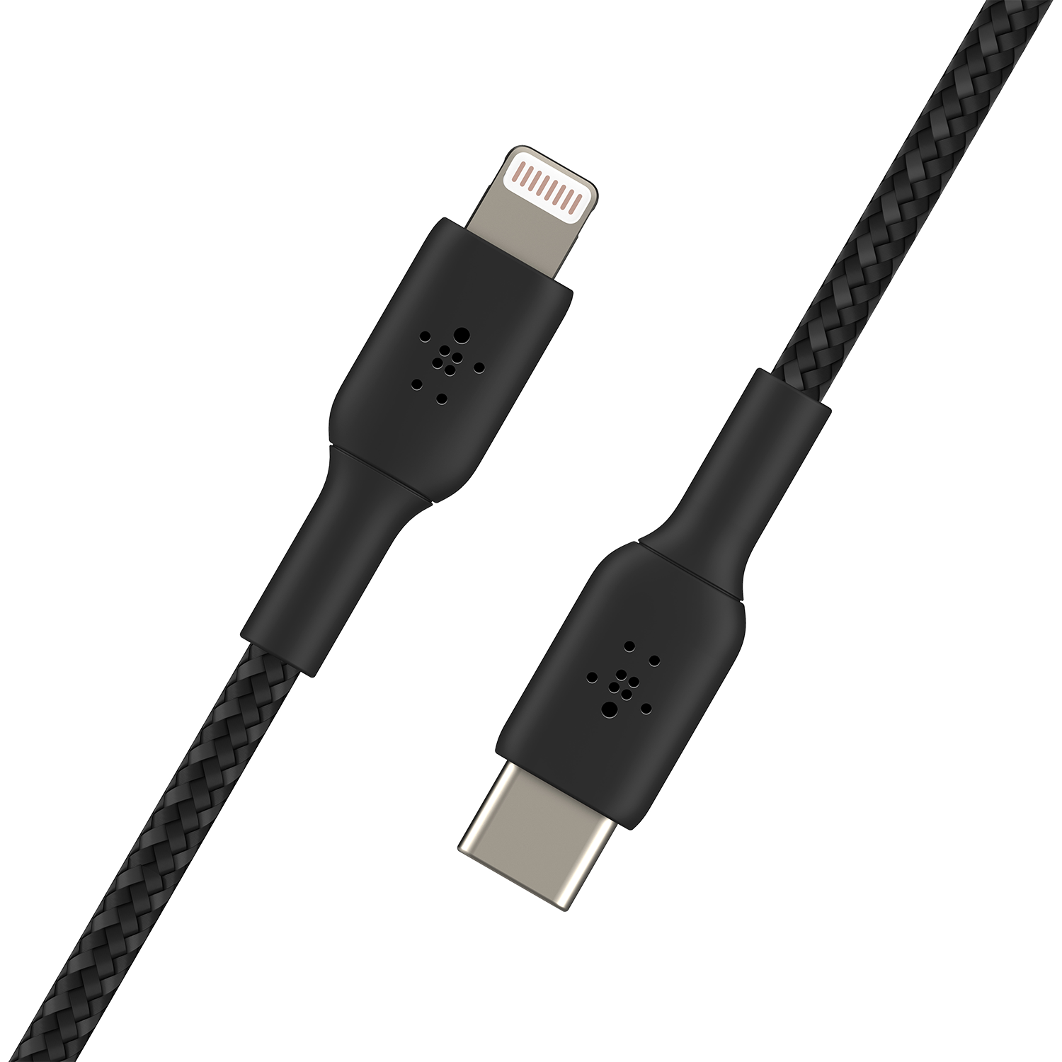 Zwarte Belkin USB-C naar Lightning-kabel, zwarte achtergrond, twee connectoren.