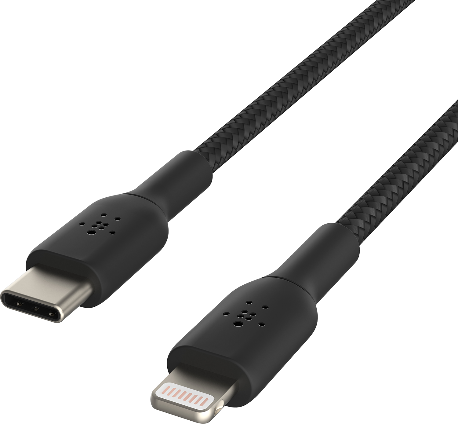Een zwarte gevlochten USB-C naar Lightning-kabel, met beide uiteinden zichtbaar, op een donkere achtergrond.
