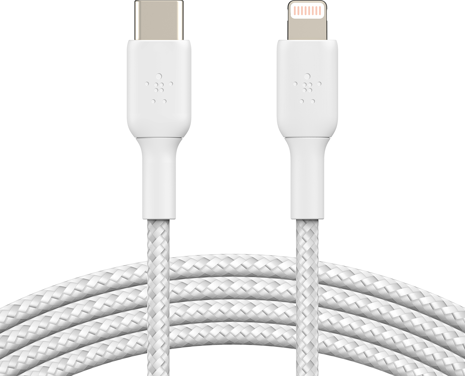 Two white USB cables. One is USB-C, the other is Lightning. Braided cord design.