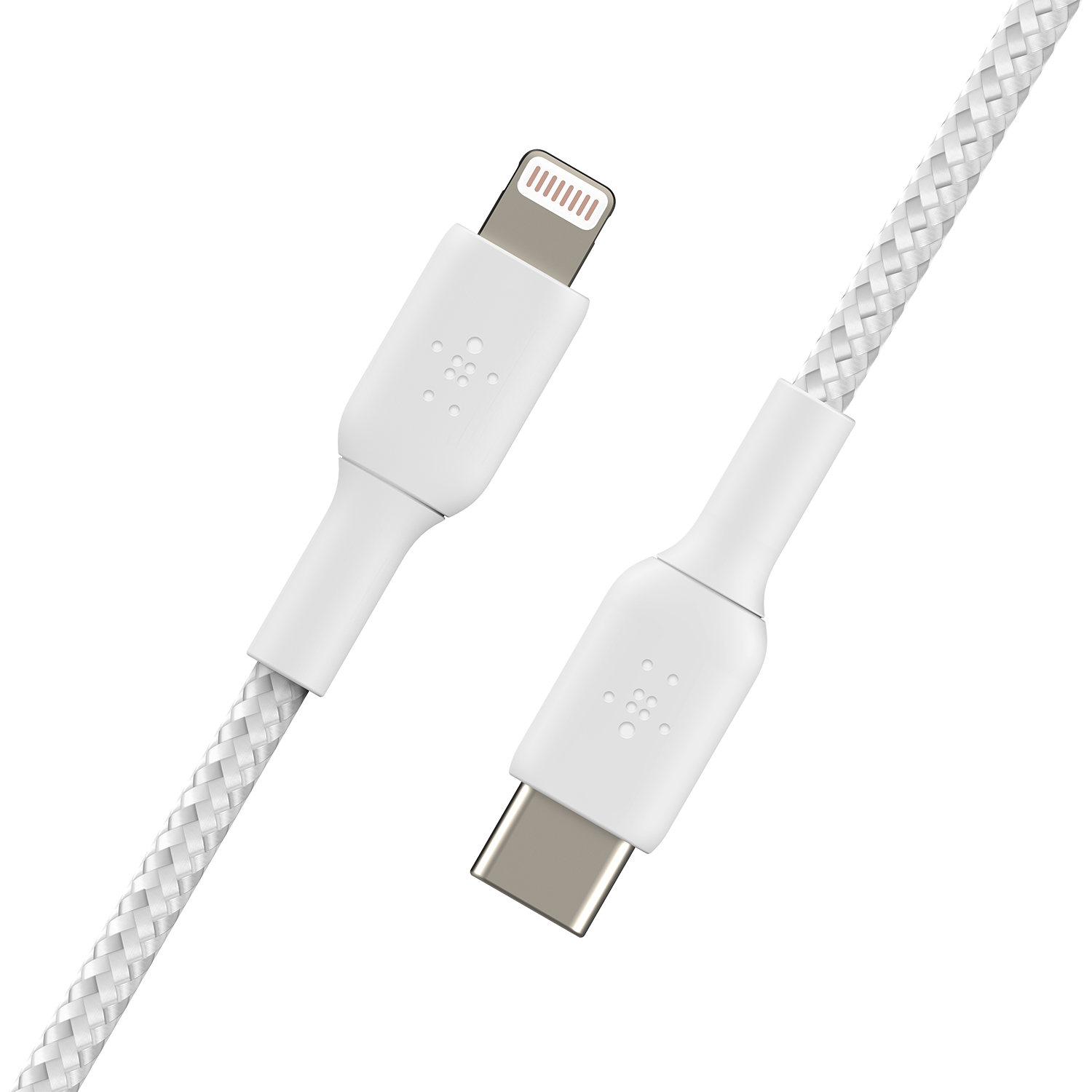 White charging cable with a braided design, featuring Lightning and USB-C connectors.